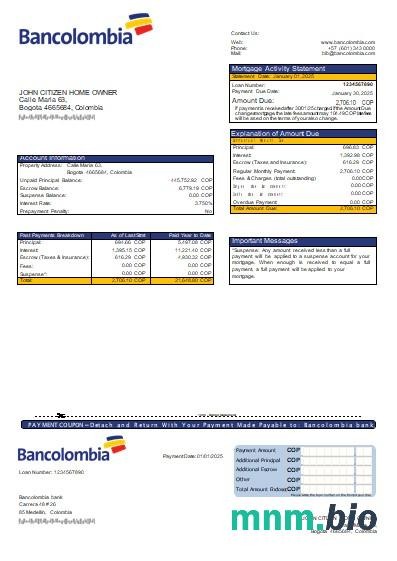 Kolumbia Bank Bancolombia wyciąg z kredytu hipotecznego szablon Word i PDF